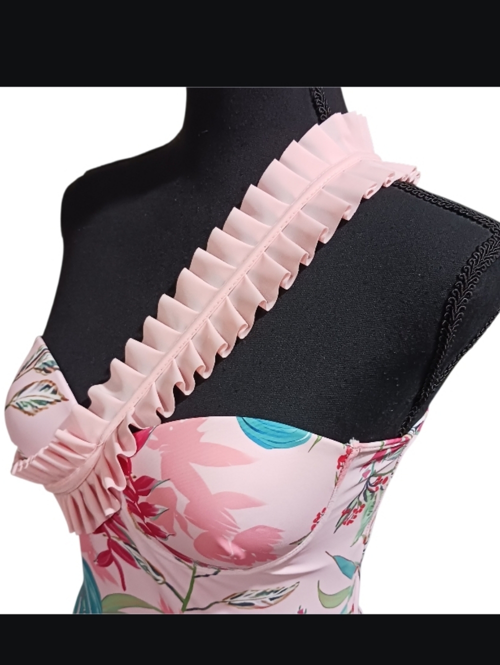 One Shoulder Ruffle Padded Underwire One-Piece Tropical Print Swimsuit - Picture 3 of 11